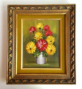 Vintage Blumen Ölgemälde gelb rot Blumen antik gold Holzrahmen signiert - Bild 1 von 18
