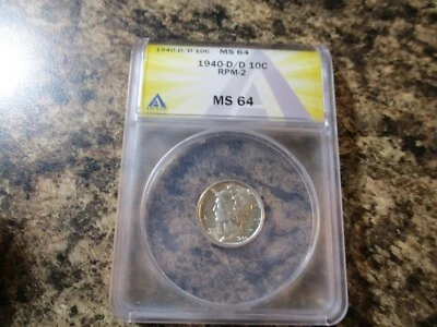 1940-D MERCURY DIME RARE RPM # 2 D OVER D ANACS MS 64    2124 - Image 1 of 4