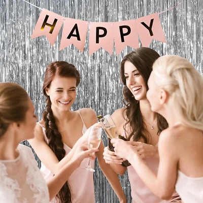 Paquete de 2 telones de fondo con flecos de lámina plateada para cumpleaños, boda baby shower fiesta decoración Foto 1 de 4