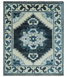 "Handwoven Blue and White Geometric Pattern Rugs, – Elegant and Timeless Design, - Picture 1 of 5