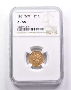 AU58 1861 Type 1 $2.50 Liberty Head Gold Quarter Eagle NGC *6919 - Picture 1 of 3