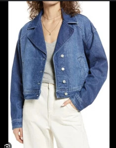 Free People Denim Jacket Womens Size Medium Cropped Trucker Oversized Fit NWT - Picture 1 of 14