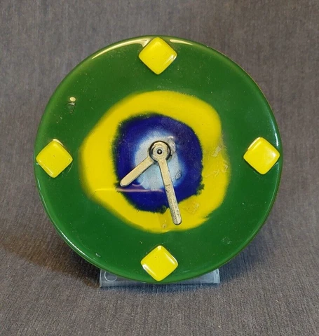 VINTAGE DESKTOP FUSED ART GLASS CLOCK  GREEN-BLUE-YELLOW, 4.5” DIAMETER Cover