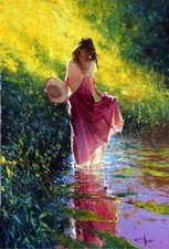 ZOPT54 100% hand painted ART fashion girl in pond OIL PAINTING ON CANVAS 