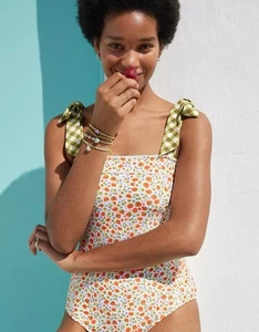 NEW Aerie Cheeky Bandeau One Piece Swimsuit Strawberry Gingham Small Long NWT - Picture 1 of 10