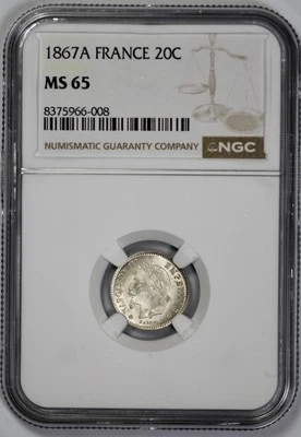 1867-A France Silver 20 Centimes NGC MS 65 - Image 1 of 4