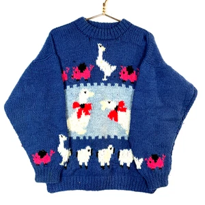Vintage 1990s Grandma Wool Hand Knit Sweater Women’s Medium Blue Mock Neck - Picture 1 of 5