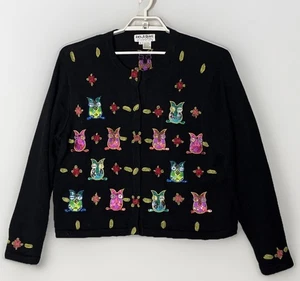 Jack B Quick Sweater Cardigan Owls Black Colorful Beaded Embroidery Extra Large - Picture 1 of 12