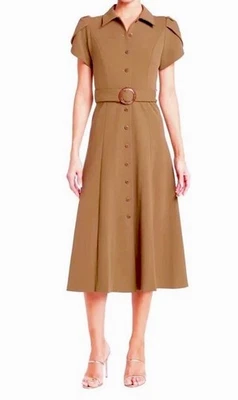 CALVIN KLEIN TULIP SLEEVE FIT&FLARE, BELTED MIDI DRESS,  LUGGAGE, SIZE 12P NWT - Image 1 of 4