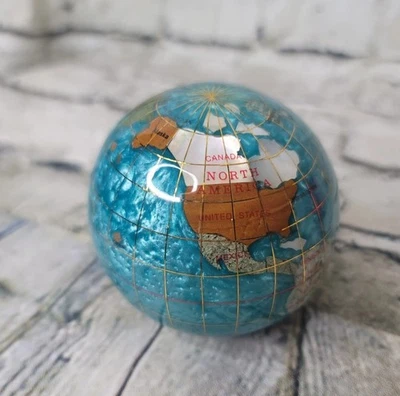 Globe Blue Mother of Pearl Swirl Ocean Paperweight 3" Vtg Alexander Kalifano - Image 1 of 4