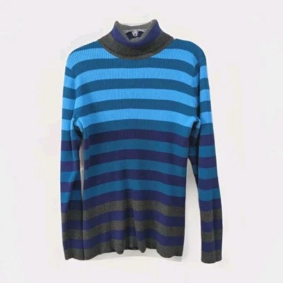 Relativity Turtleneck Sweater Womens XL Blue Grey Stripe Long Sleeve 100% Cotton - Image 1 of 4
