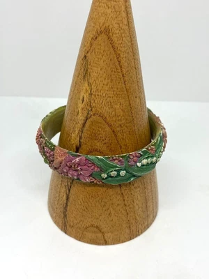 Vintage Celluloid Carved Bangle Painted Flowers Lily Pink Green 1930s - Image 1 of 4