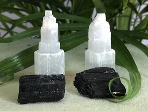 2 Selenite Black Tourmaline Home Protection Grid Kit Gemstone Specimen Crystal. - Picture 1 of 7