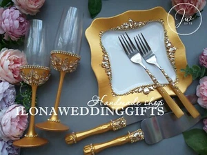 Swarovski Crystal Silver Wedding Gold Cake Knife Server Set Flutes Plate Sparkle - Picture 1 of 7
