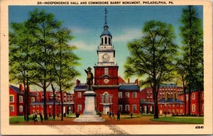 Independence Hall & Commodore Barry Monument Philadelphia, Pennsylvania Linen Po - Picture 1 of 2