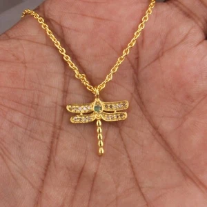 Emerald Gemstone Butterfly Design Gold Plated 925 Silver Diamond Necklace - Picture 1 of 3