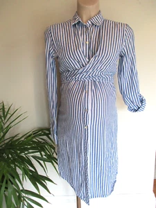 SERAPHINE MATERNITY & NURSING BLUE & WHITE STRIPE WRAP SHIRT DRESS SIZE 12 - Picture 1 of 3