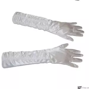 Elegant Long Elbow Length Silk Gathered Costume Gloves, White, One-Size - Picture 1 of 1