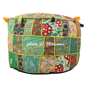 Sari pouffè verde patchwork cotone ricamato 22 pollici copertura ottomana - Foto 1 di 5