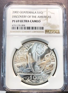 2002 GUATEMALA SILVER 1 QUETZAL DISCOVERY OF THE AMERICAS NGC PF 69 ULTRA CAMEO - Picture 1 of 3