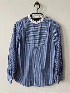 Ralph Lauren Blue White Striped Collarless Button Up Shirt Girls Age 12 - Picture 1 of 4