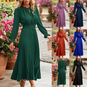 Ladies Maxi Dresses Long Sleeve A Line Dress Women Holiday Swing V Neck Casual - Picture 1 of 36