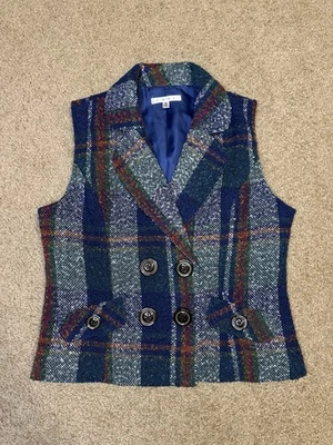 Blazer Chaleco CABI Mezcla Lana Tweed Cuadros Doble Pecho Preppy Carrera Academia M Foto 1 de 4