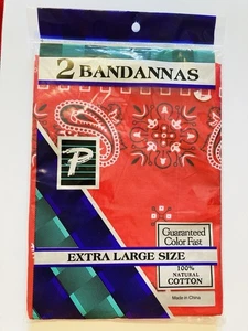 VTG Color Fast Bandana Paris Accessories 2 PK Red Extra Large Paisley Cotton NEW - Picture 1 of 3