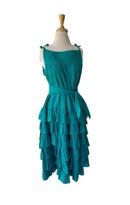 Vtg 70s Girasol Teal Gauze Ruffle Sundress Sz L 100% Cotton Midi Boho Peasant - Picture 1 of 8