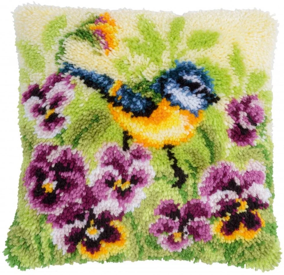 Vervaco Latch Hook Kit Cushion Blue Tit on Pansies - Image 1 of 1