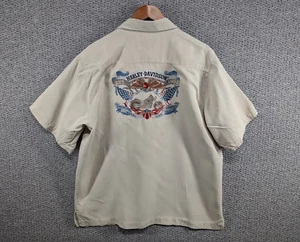 TOMMY BAHAMA x Harley Davidson Vintage Men's Beige Embroidered Silk Shirt M L - Picture 1 of 13