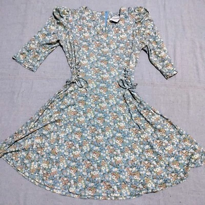 Vtg 80s Blue Floral Puff Sleeve Mini Skater Dress 9/M Circle Skirt Cottagecore  - Image 1 of 4