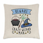 Beware Crazy Wizard Man Cushion Cover Pillow Funny Joke Magical Spell