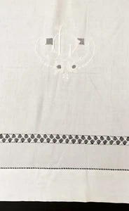 White Linen Sheet 300x222 Monogram JD Flower Day with Return Embroidery Handmade - Picture 1 of 6