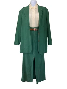 Vintage 90s Green Linen Cotton Boho Minimalist Preppy Blazer Skirt 2 Piece Set 4 - Picture 1 of 13