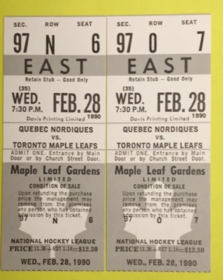 1990 FEB 28- 2 UNUSED Toronto Maple Leafs ticket stub EAST Sec 97 Row N seat 6 - Image 1 of 2