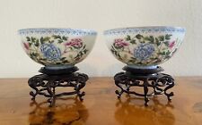 Rare Pr - Antique Vintage Fine Handpainted Chinese Bowls w/Wood Stands - Signed