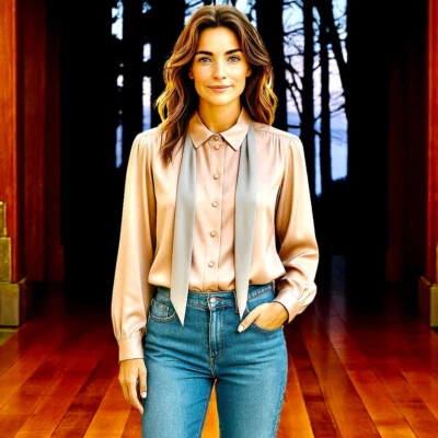 Christian Dior SILK Long Sleeve Blouse Beige Shirt with Gray Tie Womens 12 - Image 1 of 4