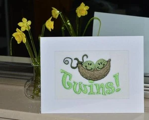 A New Machine Embroidered Hand Finished Birth Card Two Peas in a Pod for Twins. - Picture 1 of 1