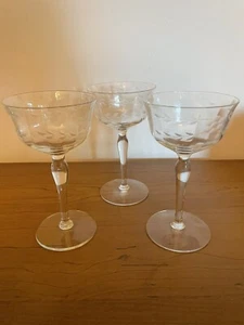 ANTIQUE SET 3 ETCHED GLASS CRYSTAL FLORAL & LEAF CORDIAL-TALL STEMS - Picture 1 of 4