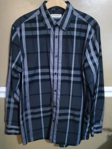 Burberry London Black Gray Check Mens Button Up Shirt Size 16-41 - Picture 1 of 9