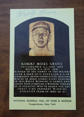 JSA LEFTY GROVE SIGNED AUTO GOLD HOF PLAQUE POSTCARD A'S BOSTON RED SOX  - Image 1 of 2