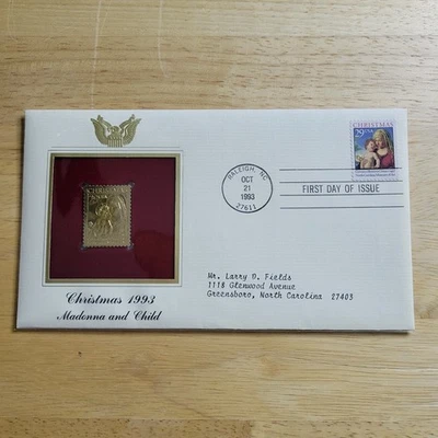 Navidad 1993 Madonna and Child oro 22kt réplica sello primer día emisión con tarjeta Foto 1 de 4