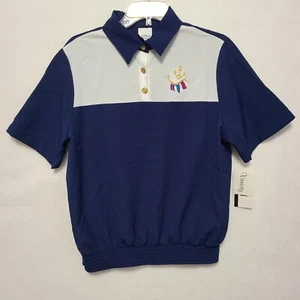 Nikki Boat Top Size M Anchor Nautical Gold Buttons Navy Blue Seersucker New - Picture 1 of 17