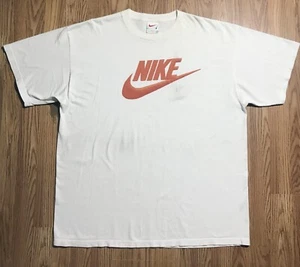Vintage 90s Nike XL USA Made T-Shirt 100% Cotton White Red Spell Out Swoosh Logo - Picture 1 of 11