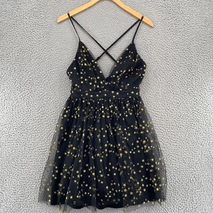 Lulus Dress Womens Small Favorite Moment Black Gold Star Print Skater Tulle Mini - Picture 1 of 13
