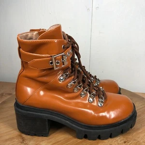 Jeffrey Campbell Boots Womens 8.5 M Czech Platform Chunky Patent Orange Brown - Picture 1 of 16