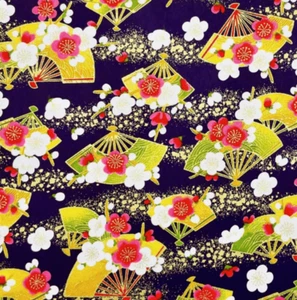 Japanese Yuzen Chiyogami Washi Paper (Y0953) - Floral Fans on Black - Picture 1 of 1