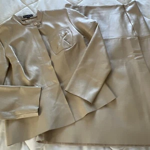 Vintage Bebe Real Leather & Linen Cream Matching Blazer And Midi Skirt Small/4 - Picture 1 of 22