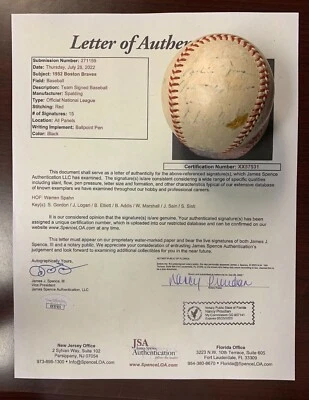 1952 Boston Braves Team Warren Spahn Signed Baseball w/ JSA COA - CM752 - Image 1 of 4